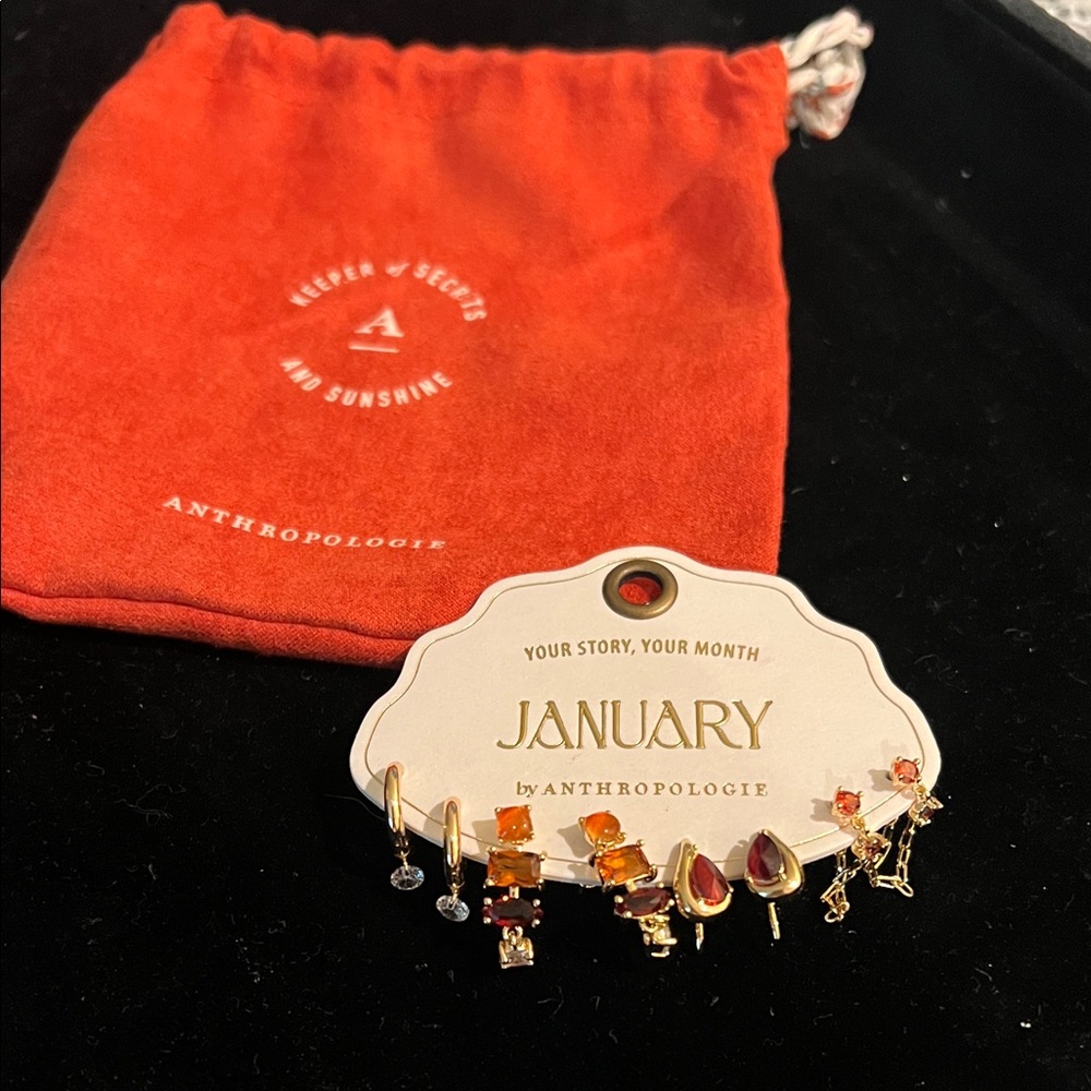 Anthropologie Gold-Tone Earring Set with Orange and Red Gem Accents-January